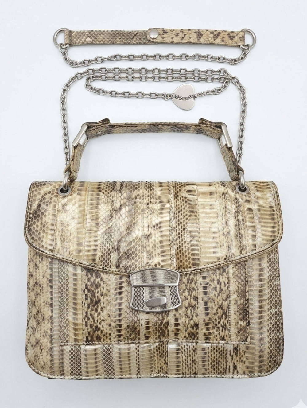 Vintage Genuine Snakeskin Top Handle Shoulder Bag With Silver Hardwear And Chain